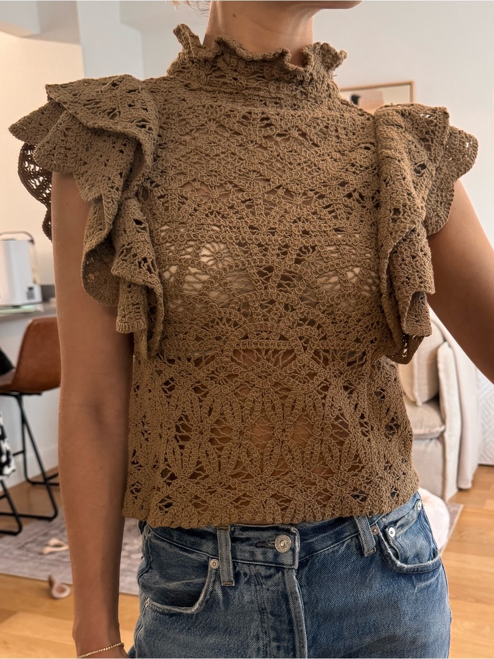 Zara Brown Crochet Flutter Sleeve Blouse